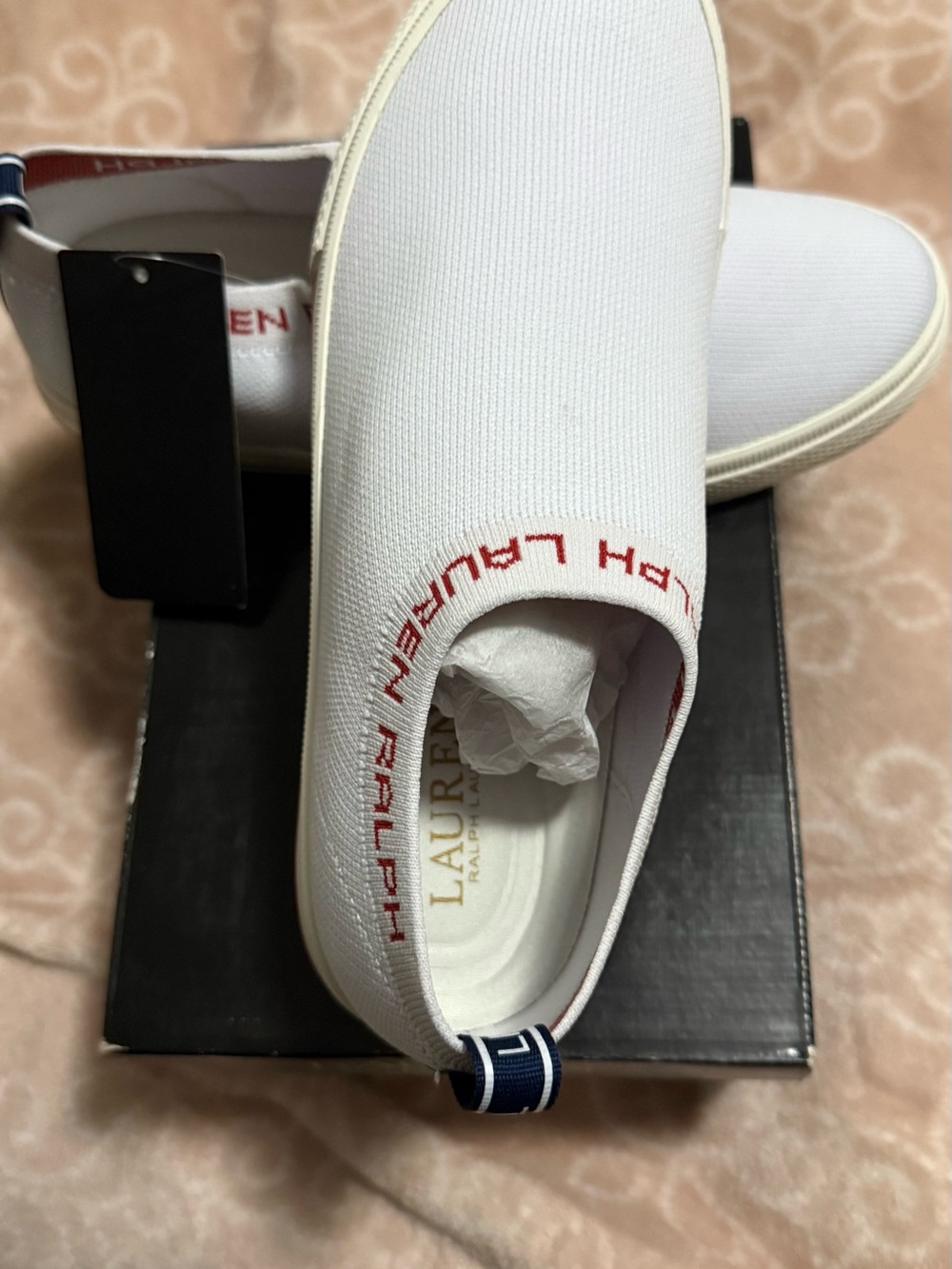 Ralph Lauren White Canvas Slip-On with Red Logo Trim and Navy Heel Tab